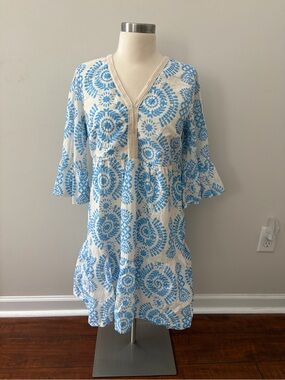 SAIPH Lab Santorini White Mini Dress Blue Medallion Print Sz M Coastal Cottage